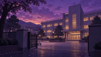 Original editorial illustration of a Japanese school entrance at purple twilight