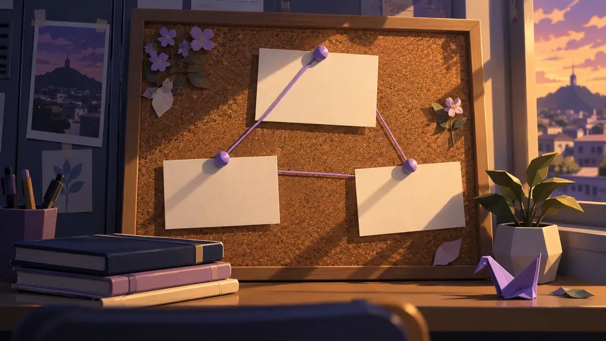 Editorial illustration of blank cards connected by purple threads on a school bulletin board