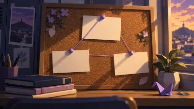 Editorial illustration of blank cards connected by purple threads on a school bulletin board