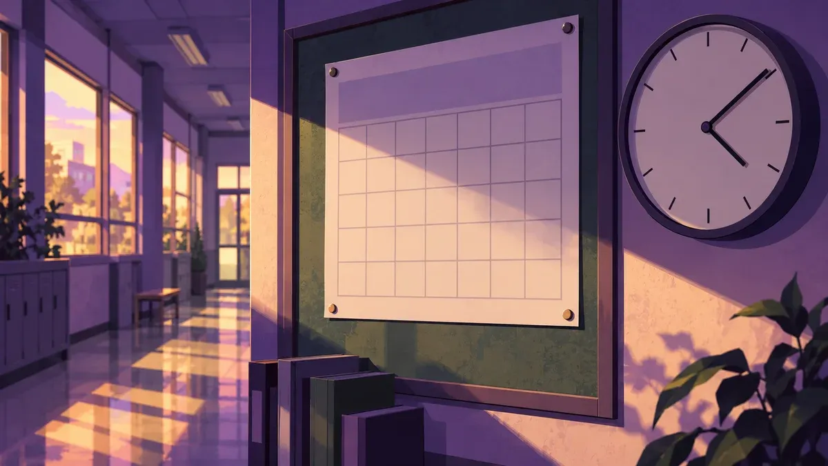 Editorial illustration of a blank school calendar beside a wall clock