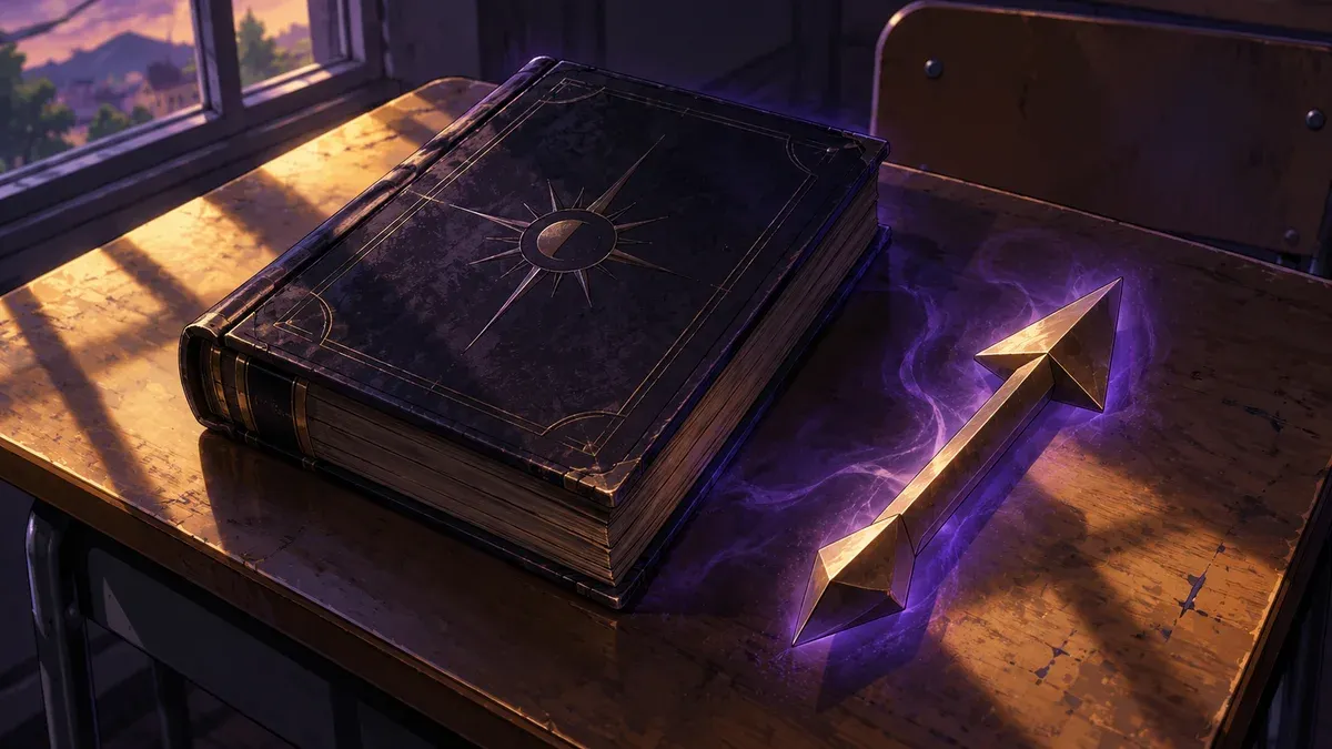 Symbolic editorial illustration of a book and a geometric arrow on a school desk